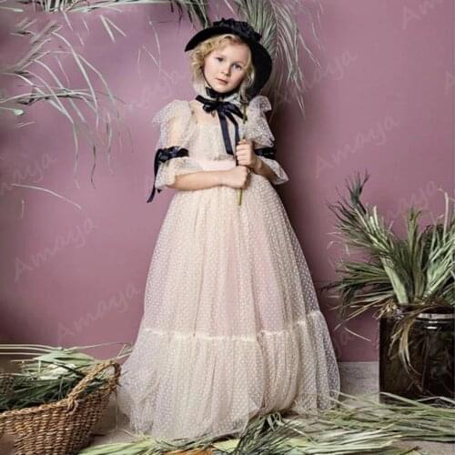 Amaya Tulle Polka Dots Flower Girl Dresses Princess Long Sleeves Bow Sashes Holy Communion Gown Kids Prom Dress Vestidos Niña