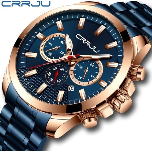 Men Watch CRRJU Luxury Brand Big Dial Sport Men’s Watches Stainless Steel Waterproof Chronograph Quartz Clock Relogio Masculino