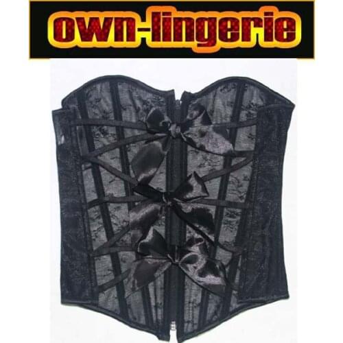 Black lingerie bow laced up with zipper front plain black lingerie bow corset w3352
