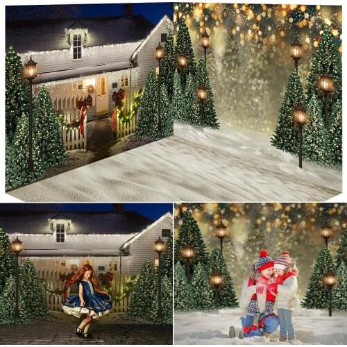 Photography Christmas Portrait Room Backdrop for Photo Studio Winter Snow Green Pine Forest Background Xmas House Photocall