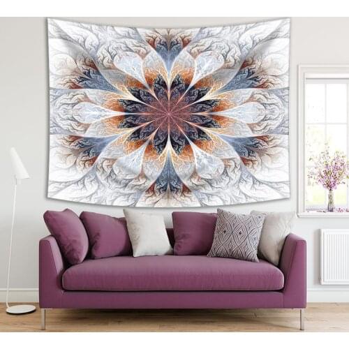 Tapestry Fractal Flower Pattern Mandala Style Magical Decorative Artwork Printed Gray brown Blue