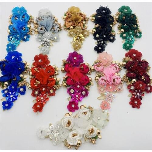 Hot selling New design handmade 3d flower sew on applique embroidery rhinestone flower patch for dress