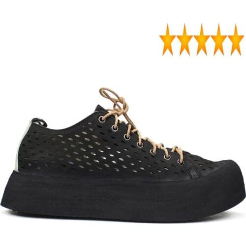 Out Summer Mens Breathable Hollow Cow Genuine Leather Thick Platform Shoes High Street Casual Lace Up Sneakers Sandals
