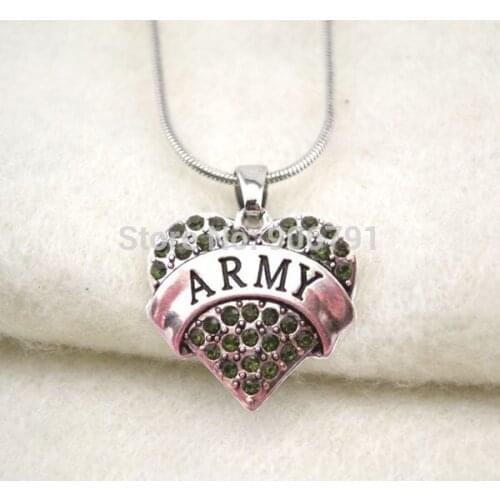 Fashion 50pcs a lot rhodium plated ARMY with green crystal heart pendant necklace
