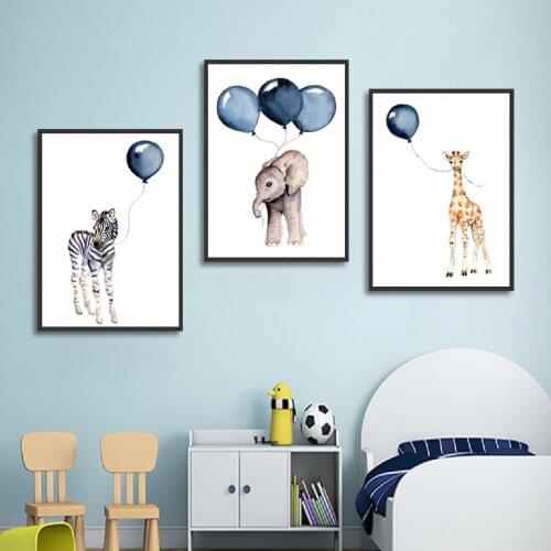 Cartoon Animals Canvas Painting Zebra Elephant Giraffe Blue Balloon Print Picture Home Decor Poster For Living Room Bedroom