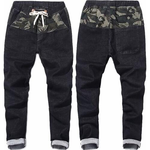 Men Camouflage patchwork Stretch Slim Jeans Cotton Male black Elastic waist Cotton Casual Denim Trousers Plus Size 7XL
