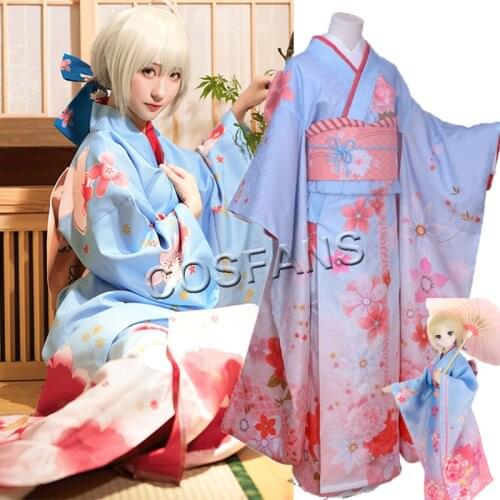 New Anime Fate Aniplex Kimono Bathrobe Saber Woman Kimino Dress+headwear Halloween Cosplay Custume women men Full set And wig