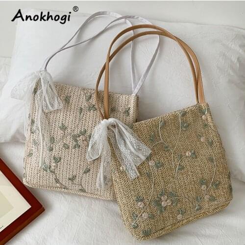 New Style Women Causal Bucket Bag Straw Shoulder Bag Embroidery FLower Lace Ribbon Fashion Big Capactiy Bag ML71