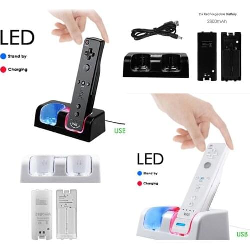 P82F Remote Controller Dual Charging Dock Station+ 2 Batteries for Wii Gamepad, Charger with LED Light indicator
