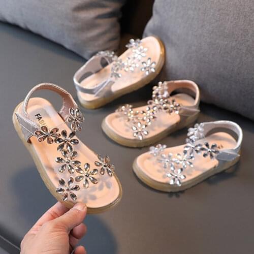 Girls Sandals 2021 Summer Lace Bowtie Princess Shoes Ankle Strap Kids Beach Shoes Baby Child Rhinestone White Wedding Party Shoe