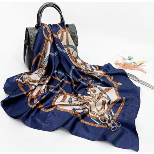 Silk Scarf Women 2021 Spring New Style Chain Printing Satin Large Square Scarf for Ladies Shawl Turban Wholesale Customization
