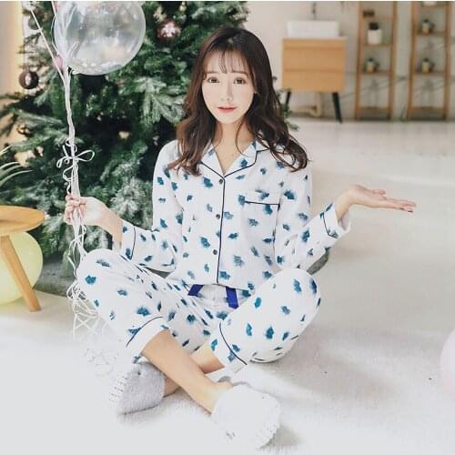 Blue print pyjamas cotton ladies 2019 spring new loungewear set women full length turn-down collar korean pajamas PHOENTIN FG005