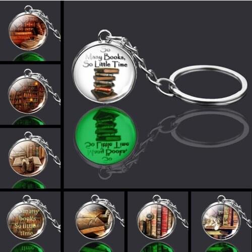 So Many Books So Little Time Keychain Glow In The Dark Glass Ball Books Picture Keyring Jewelry Gifts for Students Teachers