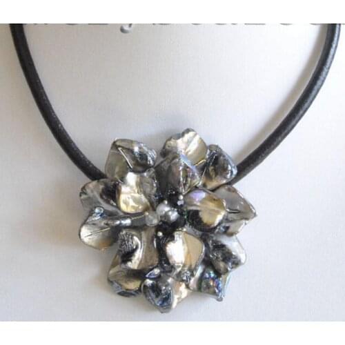 Fashion jewelry Free Shipping black baroque shell pearl one flower bloom necklace^^^@^Noble style Natural Fine jewe