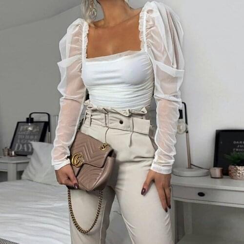 Women Low Chest Pleated Shirt, Summer Long Puff Sleeve Solid Color Slim-Fit Mesh Top y2k grunge vintage clothes corset top
