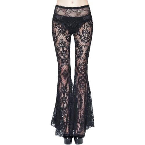EVA LADY Gothic Pants Women Black See Through Sexy Pants Hollow Out Lace Flare Pants Vintage Appliques Long Pants
