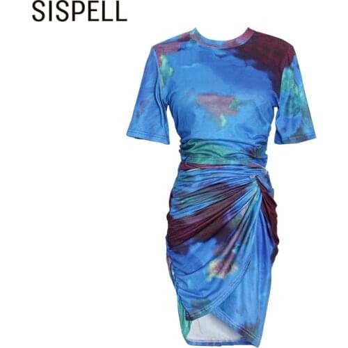 SISPELL Tie-dye Colorblock Womens Suits O Neck Short Seleve Cropped Top With Highi Waist Slimming Skirt Womens Sexy Set New