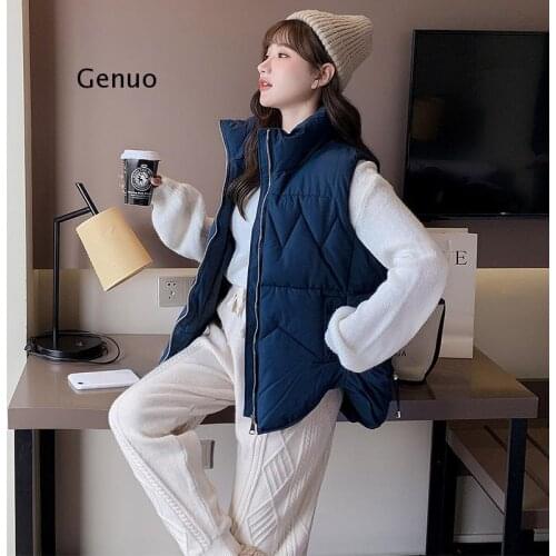 Winter Vest Women Stand Collar Slim Asymmetrical Waistcoat Female Vest Coat Loose Beige Black Blue Ladies Vest Bodywarmer