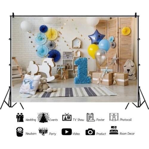 1 Year Old Baby Birthday Party Cartoon Backdrops Photo Wooden Horse Balloon Background Decorations for Kids Photography Props