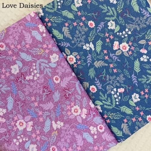 100% Cotton DARK BLUE PURPLE Small Pastoral Pink Flower Leaves Plant Fabrics DIY for Kids Bedding Apparel Dress Home Decor Craft