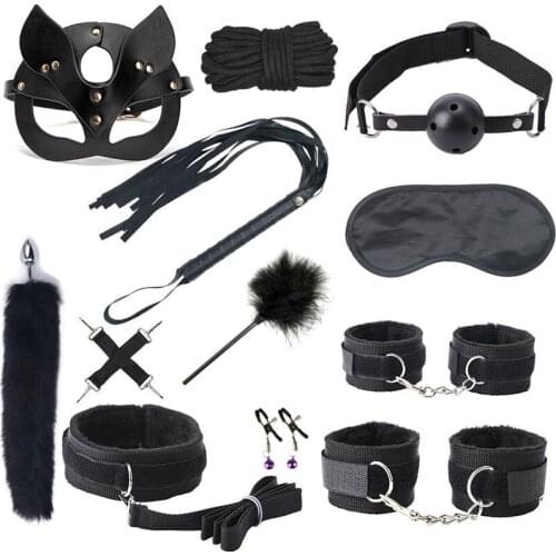12pcs/pair Exotic Sex Products For Adults Games Bondage Set BDSM Kits Handcuffs Sex Toys Whip Gag Tail Plug Women Accessories
