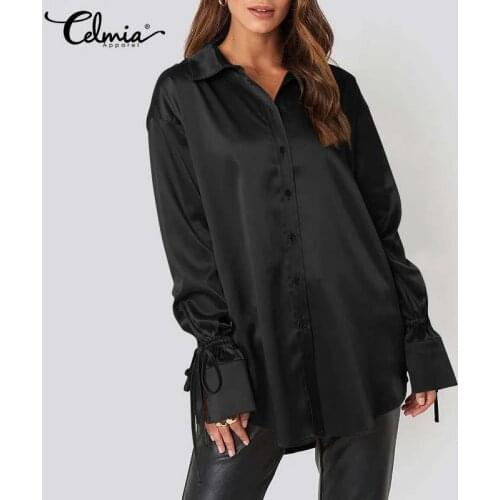 2021 Women Fashion OL Satin Silk Shirts Celmia Long Flare Sleeve Turn-down Collar Tops Elegant Office Casual Blusas Femininas