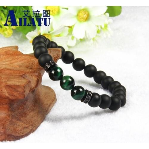 Ailatu Fashion Natural Tiger Eye Stone CZ Spacer Distance Bracelet Mens Elastic Bead Jewelry Women Pulseras Hombre Bracciali