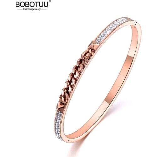 BOBOTUU Rose Gold Stainless Steel Chain Rivet Cubic Zirconia Cuff Bangles Bracelets Lovers Jewelry Valentines Day Gift BB19028