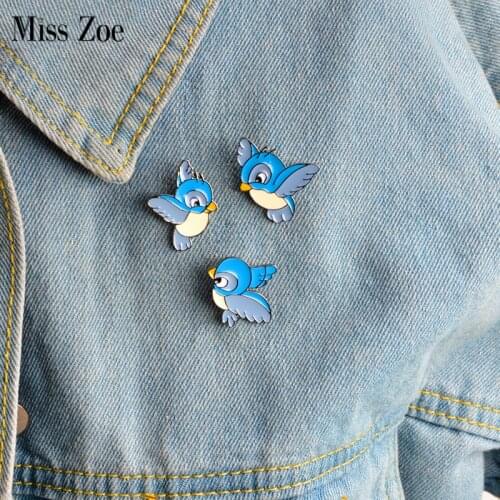 3pcs/set Enamel blue bird pin Cartoon flying fledgling Animal Brooch Denim Jacket Pin Buckle Shirt Badge Gift for Kids