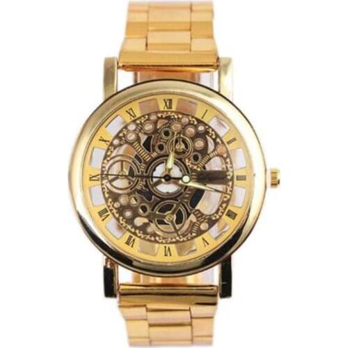 Causal Mens Skeleton Mechanical Stainless Steel Quartz Watch Roman Numerals Analog Wrist Watch Relogio Masculino Shellhard