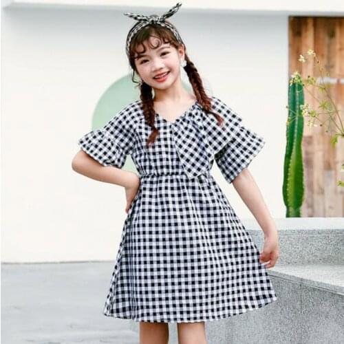 Cultiseed European Girls Black And White Plaid Ruffles Flare Sleeve Princess Party Dress Clothing Big Kids Vintage Casual Gowns