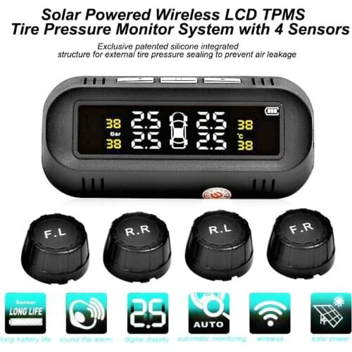 Tyre Pressure Sensor With 4 External Sensors Temperature Warning Fuel Save Tire Pressure Monitoring System Solar LED Wireless