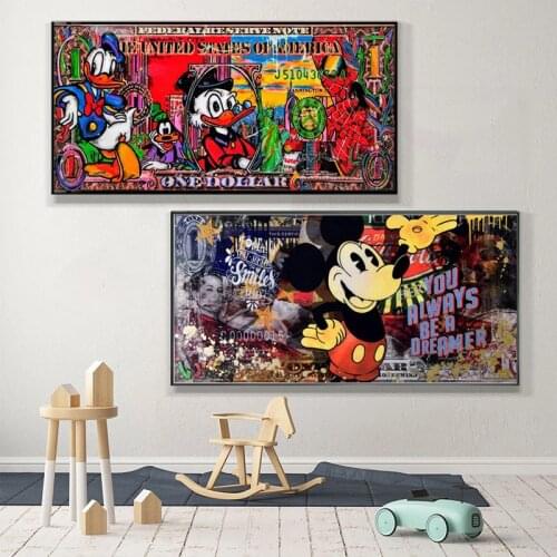 Disney Mickey Mouse Money Graffiti Art Posters and Prints Dollar Street Art Paintings Print Wall Art Pictures Home Decor Cuadro