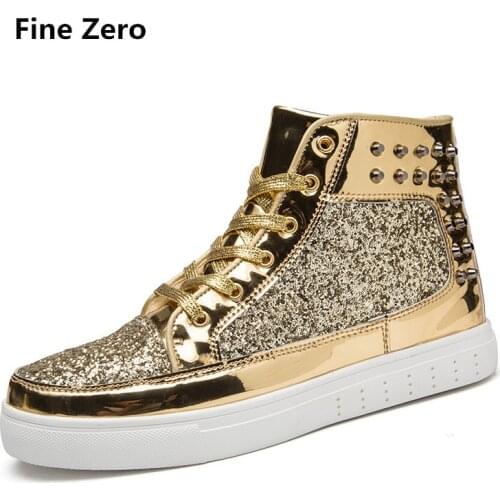 Fine Zero Spring Autumn Unisex lace up bling shoes Male Gold Silver Rivet High Tops Men Super cool Shoes Couple Glitter Flats