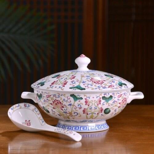 Jingdezhen Ceramic soup bowl chinese family Bone China vegetable soup bowl with ear and cover high foot tableware soup bowl