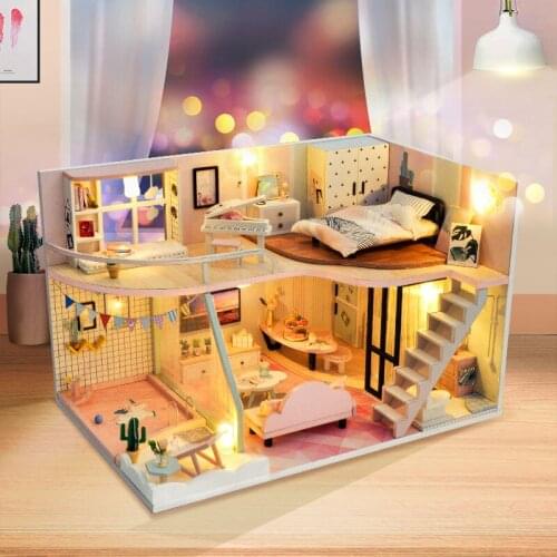 DIY Doll House Furniture Light Pink Pick UP Miniature Dollhouse Toys for Children Cute Family House Casinha De Doll House
