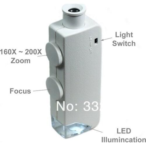160X-200X White Zoom Focus Magnification Jewelers LED Pocket Microscope Handheld Illuminated Portable Magnfier with Light Source