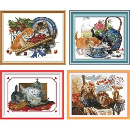 The Two Tea Drinking Cats Embroidery Needlework Thread Cross Stitch Kit Stamped Gift DMC 11CT 14CT Print Handmade Counted Fabric