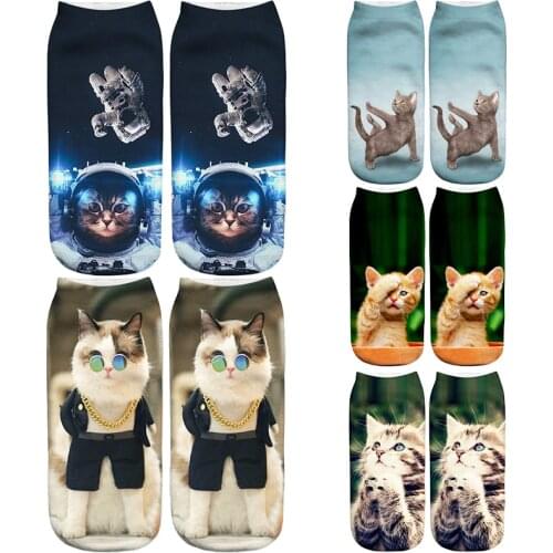 New 3D-printed fun cute cartoon kitten neutral sock creative colorful multi cat face happy low ankle sock for women