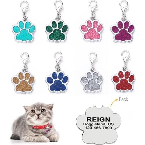 Personalized Dog Cat Tags Name Information ID Tag Anti-lost Puppy Kitten Paw Glitter Pendant Free Engraved Collar Accessories