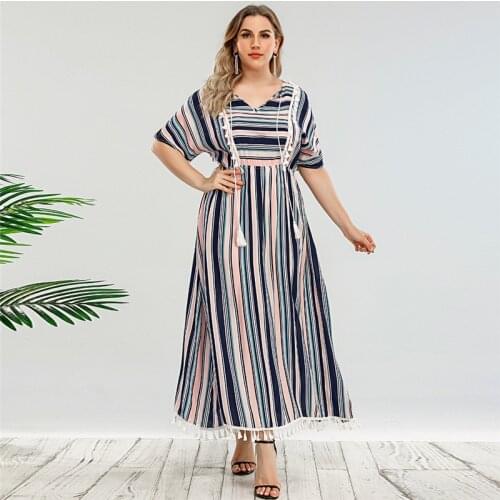 DOIB Women Striped Dress Plus Size Round Neck Short Sleeve Tassel Dress 2021 Vintage Summer Fashion Female Dress
