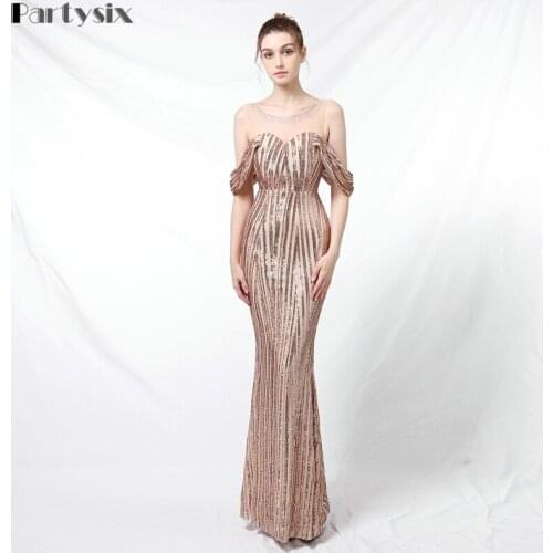 Partysix Sequins Dresses Formal Dress Women Elegant Evening Dress O-Neck Floor-Length Evening Dresses Long Mermaid Gown