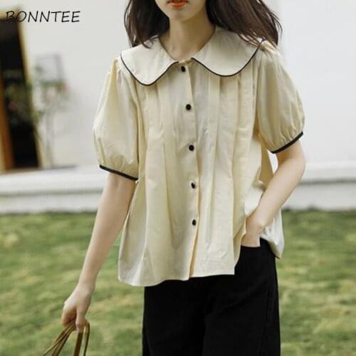 Shirts Women Japanese Style Summer Students Peter Pan Collar Trendy Kawaii Solid 2021 Ladies Old-fashioned Leisure Sweet Buttons