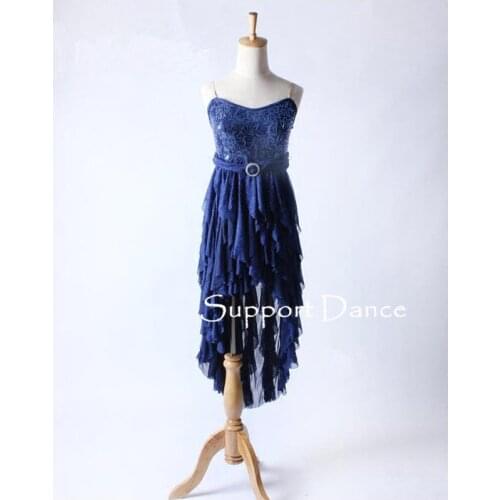 Girls Slim Sequin Camisole Latin Dress With Irregular Skirt Women Navy Blue Contemporary Performance Costume Support Dance C253