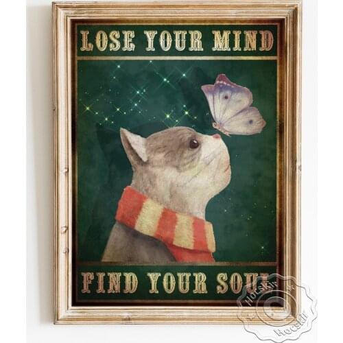 Wear Scarf Lovely Animal Portrait Vintage Poster, Butterfly Cat Close Interaction Canvas Painting, Positive Energy Home Decor