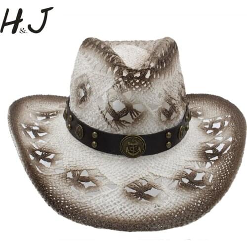 2019 Women Men Sun Sun Hat With Punk Anchor Band Handmade Weave Lady Gentleman Beach Sun Sombrero Cowboy Hat Size 58CM A0082