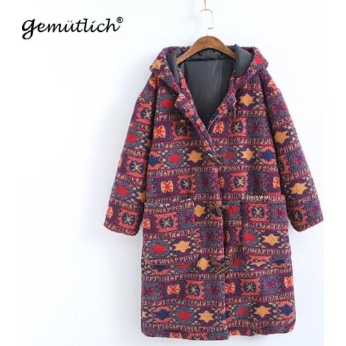 GEMUTLICH Women Winter Warm Lamb Wool Long Jacket Vintage Print Casual Loose Cardigan Thick Outwear Over Size Parkas