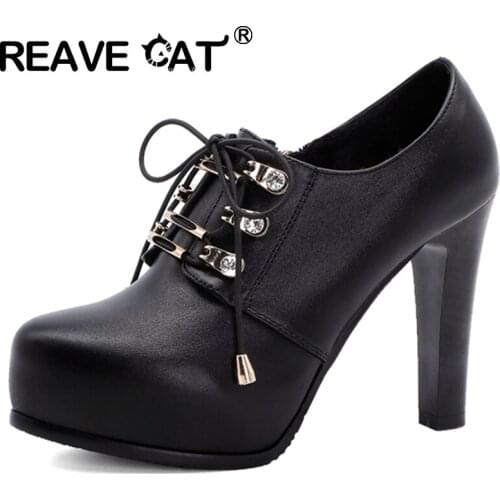 REAVE CAT New 2021 Women Pumps Round Toe 11cm High Block Heels Platform Lace-Up Zip Classic Sexy Soft Big Size 43 Party A3764
