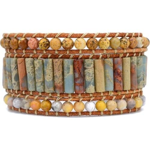 Women Boho Bracelet Tube Shape Natural Stone Leather Wrap Bracelet Semi Precious Stone Beaded Cuff Bracelet Dropshipping