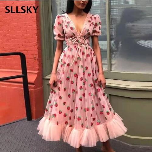 Sllsky Sexy Tulle dress V-Neck Belt Strawberry Hot stamping Short Sleeve Party Mid-Length Net Yarn 2021 Summer New Women dress